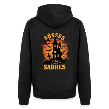 Halloween Geisterhaus - Süßes oder Saures - Unisex Premium Bio Zip Hoodie - Schwarz - Hinten - Nico (187cm)