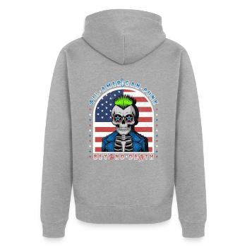 Crâne Punk w Neon Mohawk et fond de drapeau des États-Unis - Veste à capuche bio Premium Unisexe - gris chiné - Dos - Nico (187cm)