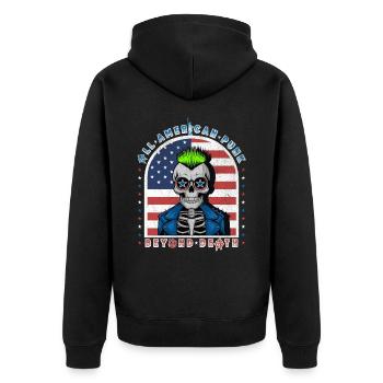 Punk Totenkopf mit Neon-Mohawk und USA-Flagge Hintergrund - Unisex Premium Bio Zip Hoodie - Schwarz - Hinten - Nico (187cm)