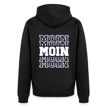 MOIN MOIN – Norddeutscher Gruß im Glitch-Style - Unisex Premium Bio Zip Hoodie - Schwarz - Hinten - Nico (187cm)