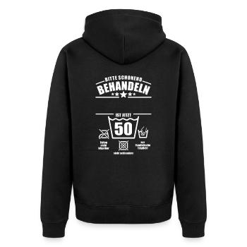 Schonend behandeln, 50. Geburtstag, Wunschname - Unisex Premium Bio Zip Hoodie - Schwarz - Hinten - Nico (187cm)