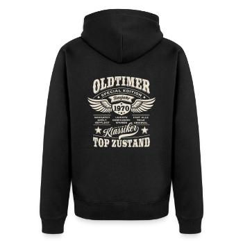 Oldtimer Baujahr 1970 - Geburtstag - Geschenk - Unisex Premium Bio Zip Hoodie - Schwarz - Hinten - Nico (187cm)