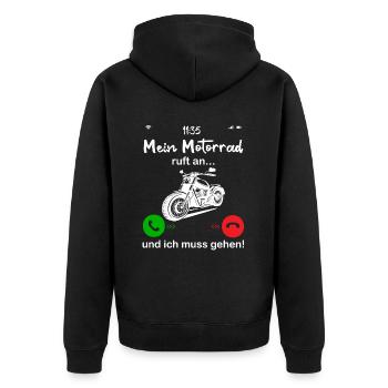 Motorrad ruft an... und ich muss gehen! - Unisex Premium Bio Zip Hoodie - Schwarz - Hinten - Nico (187cm)