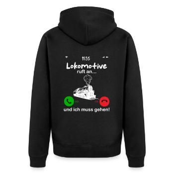 Lokomotive ruft an... und ich muss gehen - Unisex Premium Bio Zip Hoodie - Schwarz - Hinten - Nico (187cm)