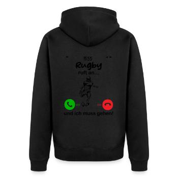 Rugby ruft an... und ich muss gehen - Unisex Premium Bio Zip Hoodie - Schwarz - Hinten - Nico (187cm)