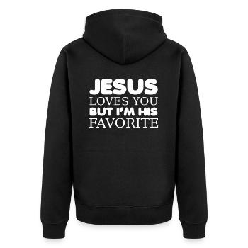 Jesus Loves You But I'm His Favorite Funny - Unisex Premium Bio Zip Hoodie - Schwarz - Hinten - Nico (187cm)