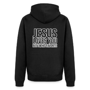 Jesus Loves You But I'm His Favorite Funny - Unisex Premium Bio Zip Hoodie - Schwarz - Hinten - Nico (187cm)