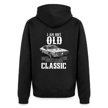 Ich bin nicht alt, ich bin ein Klassiker - Unisex Premium Bio Zip Hoodie - Schwarz - Hinten - Nico (187cm)