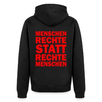 menschenrechte statt rechte menschen - Unisex Premium Bio Zip Hoodie - Schwarz - Hinten - Nico (187cm)