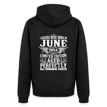 Juni 1954 Limited Edition Perfectly Aged 1954 Juni - Unisex Premium Bio Zip Hoodie - Schwarz - Hinten - Nico (187cm)
