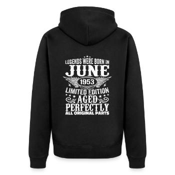 Juni 1953 Limited Edition Perfectly Aged 1953 Juni - Unisex Premium Bio Zip Hoodie - Schwarz - Hinten - Nico (187cm)