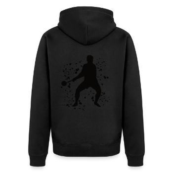 Hammerwerfer Colorsplash Hammerwerfen - Unisex Premium Bio Zip Hoodie - Schwarz - Hinten - Nico (187cm)