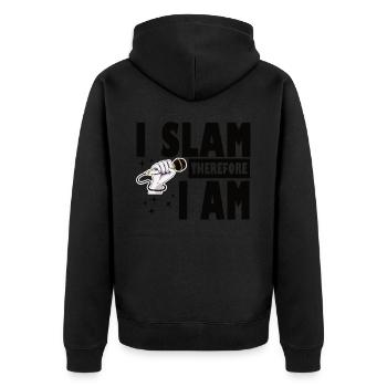 Poetry Slam I Slam Slam Poesie - Unisex Premium Bio Zip Hoodie - Schwarz - Hinten - Nico (187cm)