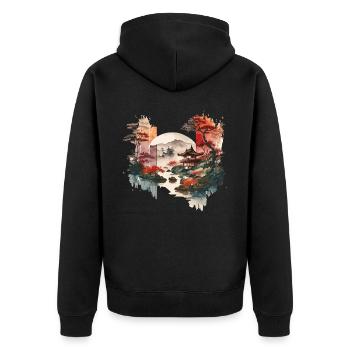 Aquarelle Paysage japonais - Veste à capuche bio Premium Unisexe - noir - Dos - Nico (187cm)