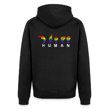 Show your PRIDE. HUMAN - RESPECT - Show of hands - Unisex Premium Organic Zip Hoodie - black - Back - Nico (187cm)