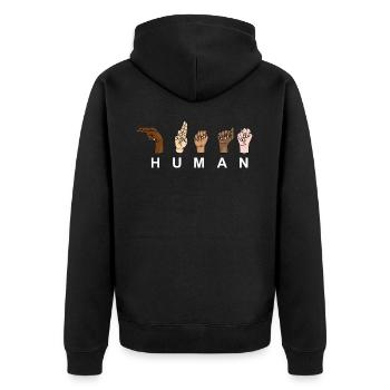 HUMAN - RESPECT - Show of hands - Unisex Premium Organic Zip Hoodie - black - Back - Nico (187cm)