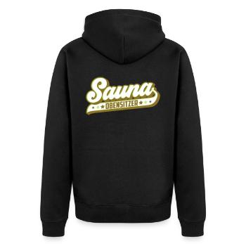 Farben änderbar | Sauna Obensitzer Saunameister - Unisex Premium Bio Zip Hoodie - Schwarz - Hinten - Nico (187cm)