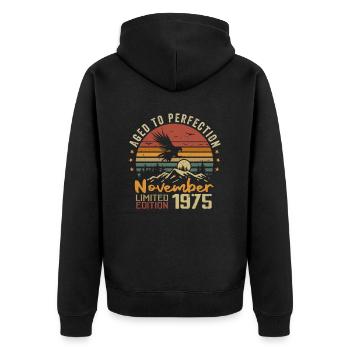 Die Legenden wurden im November 1975 - 1975 geboren - Unisex Premium Bio Zip Hoodie - Schwarz - Hinten - Nico (187cm)