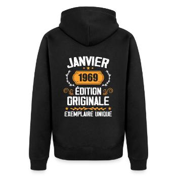 Jubiläumsgeschenk Jahrgang Januar 1969 - 1969 - Unisex Premium Bio Zip Hoodie - Schwarz - Hinten - Nico (187cm)