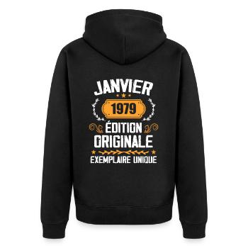 Jubiläums-Vintage-Geschenk Januar 1979 - 1979 - Unisex Premium Bio Zip Hoodie - Schwarz - Hinten - Nico (187cm)