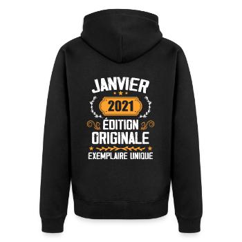 Jubiläums-Vintage-Geschenk Januar 2021 - 2021 - Unisex Premium Bio Zip Hoodie - Schwarz - Hinten - Nico (187cm)