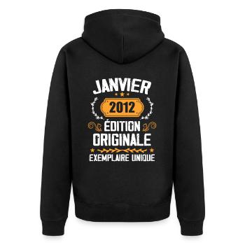 Jubiläum Vintage Geschenk Januar 2012 - 2012 - Unisex Premium Bio Zip Hoodie - Schwarz - Hinten - Nico (187cm)