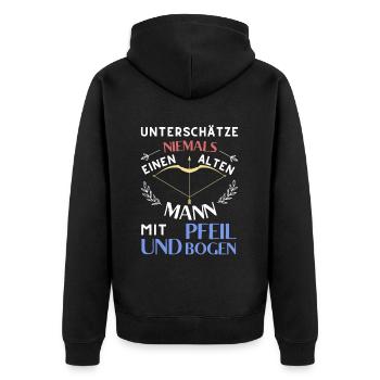 Unterschätze niemals einen alten Mann - Unisex Premium Bio Zip Hoodie - Schwarz - Hinten - Nico (187cm)
