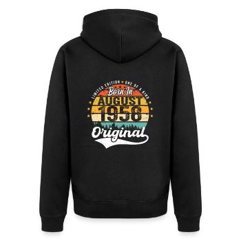August 1958 Geburtstag Geschenkideen 1958 August - Unisex Premium Bio Zip Hoodie - Schwarz - Hinten - Nico (187cm)