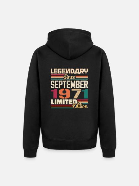 September 1971 Jubiläum 1971 September Geschenk - Premium økologisk unisex-hættejakke - sort