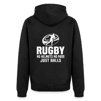 Rugby keine Helme keine Pads nur Bälle - Unisex Premium Bio Zip Hoodie - Schwarz - Hinten - Nico (187cm)