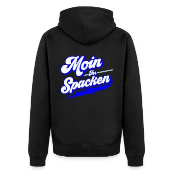 Farben änderbar | Moin ihr Spacken - Unisex Premium Bio Zip Hoodie - Schwarz - Hinten - Nico (187cm)