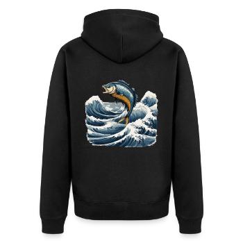 Ukiyo-e Angler Vintage Wellen Fisch Kunst Design - Unisex Premium Bio Zip Hoodie - Schwarz - Hinten - Nico (187cm)