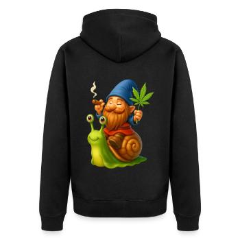 Cooler Zwerg kiffend auf Schnecke - Cannabis -Weed - Unisex Premium Bio Zip Hoodie - Schwarz - Hinten - Nico (187cm)
