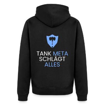 Tank Meta gewinnt - Unisex Premium Bio Zip Hoodie - Schwarz - Hinten - Nico (187cm)