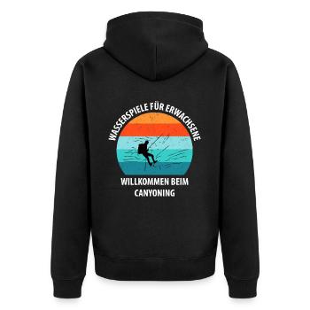 Canyoning Bergsteigen Klettern Wandern Berge - Unisex Premium Bio Zip Hoodie - Schwarz - Hinten - Nico (187cm)