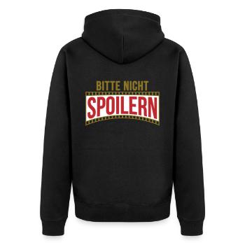Farben änderbar | Bitte nicht Spoilern - Unisex Premium Bio Zip Hoodie - Schwarz - Hinten - Nico (187cm)