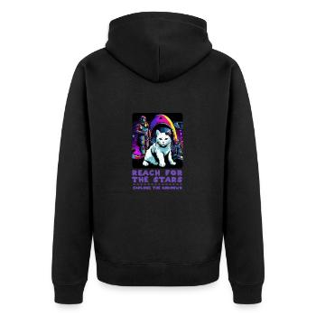 Cosmic Cat Power - Entdecke die Sterne - Unisex Premium Bio Zip Hoodie - Schwarz - Hinten - Nico (187cm)