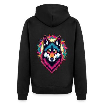 Neon Wolf Head with Sun – Colorful Psychedelic Art - Unisex Premium Organic Zip Hoodie - black - Back - Nico (187cm)