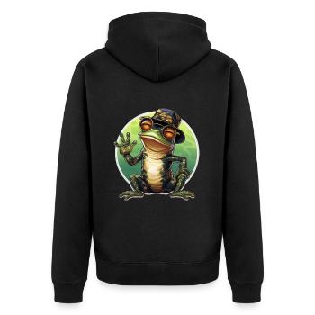 happy cooler Frosch mit Brille und Hut beim winken - Unisex Premium Bio Zip Hoodie - Schwarz - Hinten - Nico (187cm)