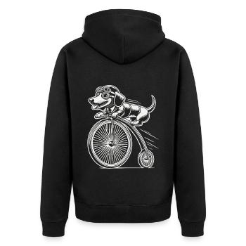 Teckel à vélo dans un style rétro avec humour - Veste à capuche bio Premium Unisexe - noir - Dos - Nico (187cm)
