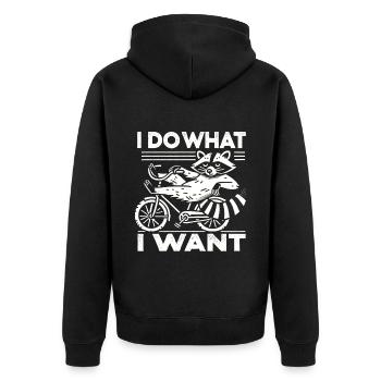 Fahrrad Waschbär Design mit frechem Spruch - Unisex Premium Bio Zip Hoodie - Schwarz - Hinten - Nico (187cm)