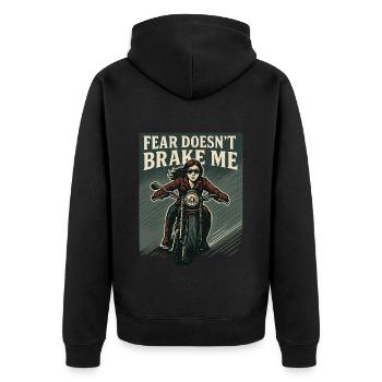 Fear Doesn't Brake Me Motorradfahrerin - Unisex Premium Bio Zip Hoodie - Schwarz - Hinten - Nico (187cm)