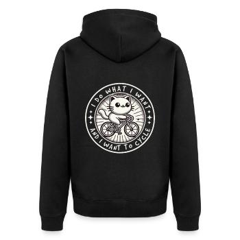 Lustige Fahrrad Katze mit klarer Haltung - Unisex Premium Bio Zip Hoodie - Schwarz - Hinten - Nico (187cm)