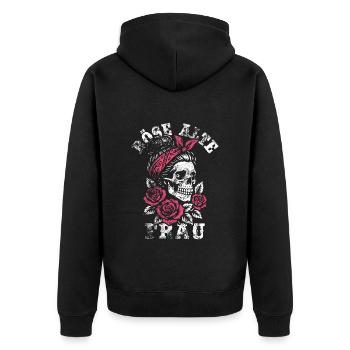 Böse alte Frau - Totenkopf - Rosen - Spruch - Unisex Premium Bio Zip Hoodie - Schwarz - Hinten - Nico (187cm)