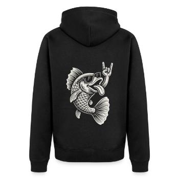 Rockmusik Fisch Lustige Metallmusik Retro - Unisex Premium Bio Zip Hoodie - Schwarz - Hinten - Nico (187cm)