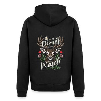 Mei Dirndl is in da Wäsch - Dirndl Ersatz, Tracht - Unisex Premium Bio Zip Hoodie - Schwarz - Hinten - Nico (187cm)