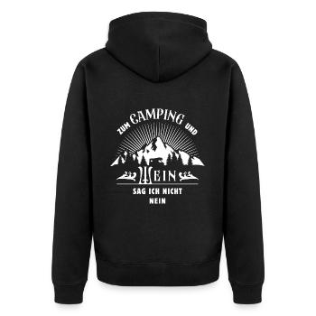 Camping und Wein - Wohnmobil- Camper - Spruch - Unisex Premium Bio Zip Hoodie - Schwarz - Hinten - Nico (187cm)