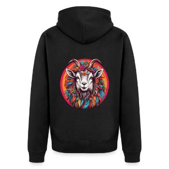 Ziege mit Federschmuck und Blumen im Farbkreis - Unisex Premium Bio Zip Hoodie - Schwarz - Hinten - Nico (187cm)