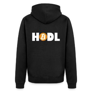 Bitcoin HODL-Modus: Aktiviert - Unisex Premium Bio Zip Hoodie - Schwarz - Hinten - Nico (187cm)