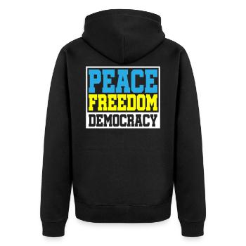 Color changeable | Peace Freedom Democracy - Unisex Premium Organic Zip Hoodie - black - Back - Nico (187cm)